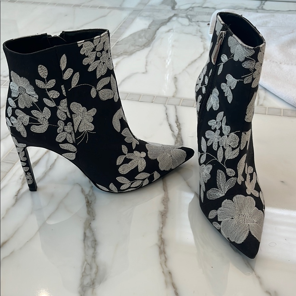Floral Embroidered Black Ankle Boots -